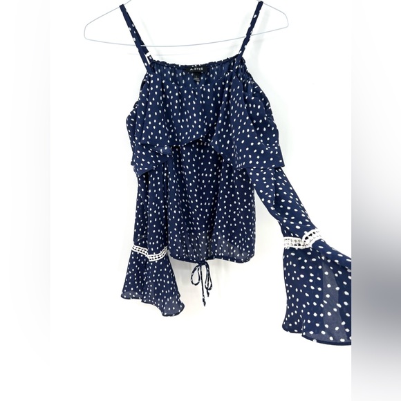 A. Byer Navy Polka Dot Off the Shoulder Long Sleeve Blouse Size Large - Picture 6 of 14